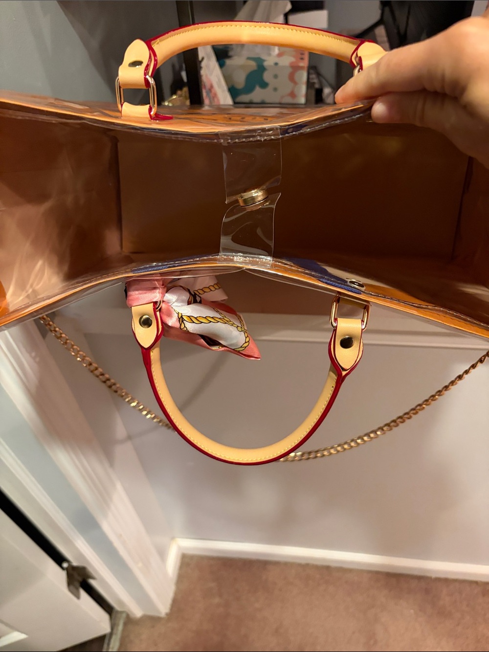 Louis Vuitton Orange Clear Tote with Gold Chain and Pink Scarf Accent - Picture 10 of 13